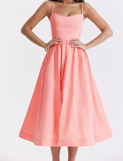Women's Midi Dress - Spaghetti Straps - Fitted Bodice - A-Line Flowy Silhouette