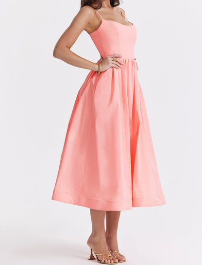 Women's Midi Dress - Spaghetti Straps - Fitted Bodice - A-Line Flowy Silhouette