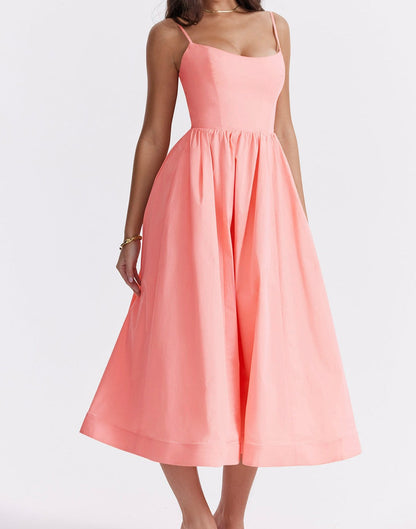 Women's Midi Dress - Spaghetti Straps - Fitted Bodice - A-Line Flowy Silhouette