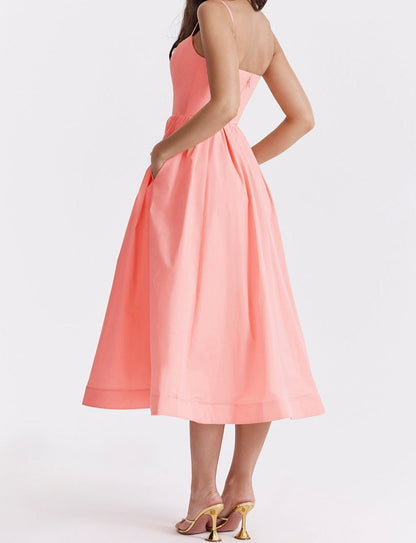 Women's Midi Dress - Spaghetti Straps - Fitted Bodice - A-Line Flowy Silhouette