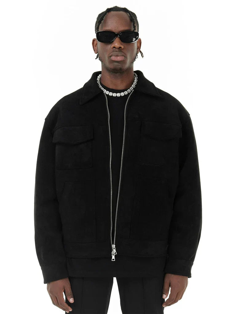 Men’s Oversized Jacket – Suede-Like Finish – Zip Front – Chest Flap Pockets – Hip Length
