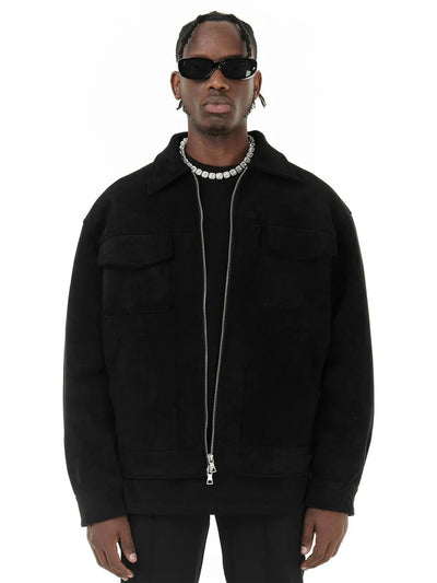 Men’s Oversized Jacket – Suede-Like Finish – Zip Front – Chest Flap Pockets – Hip Length