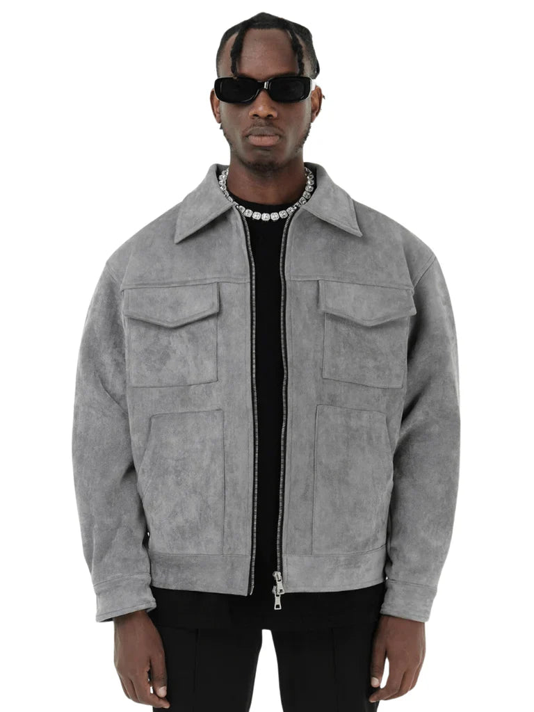 Men’s Oversized Jacket – Suede-Like Finish – Zip Front – Chest Flap Pockets – Hip Length
