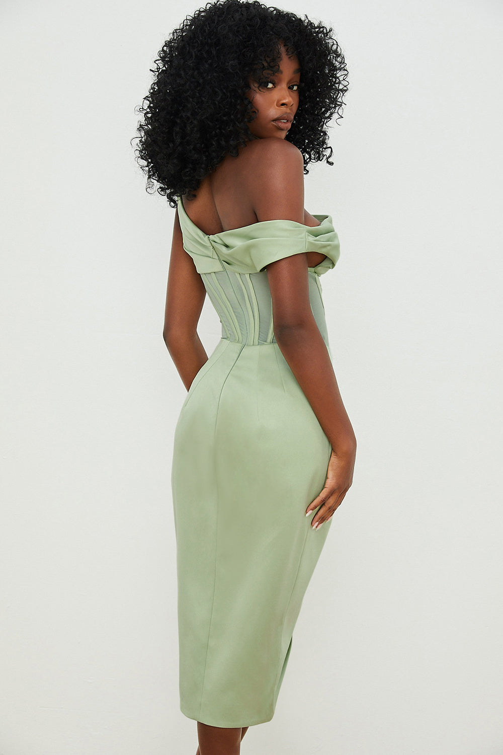Women’s Midi Dress – Satin Look – Corset Bodice – Draped Off-Shoulder Fit