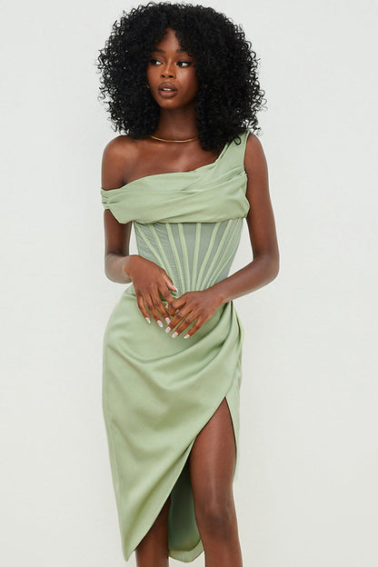 Women’s Midi Dress – Satin Look – Corset Bodice – Draped Off-Shoulder Fit