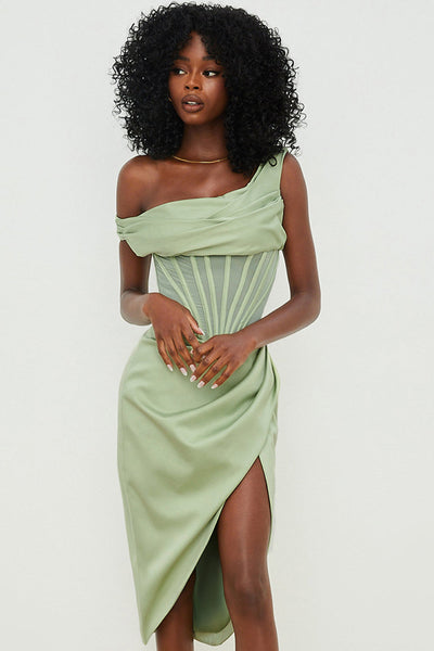 Women’s Midi Dress – Satin Look – Corset Bodice – Draped Off-Shoulder Fit
