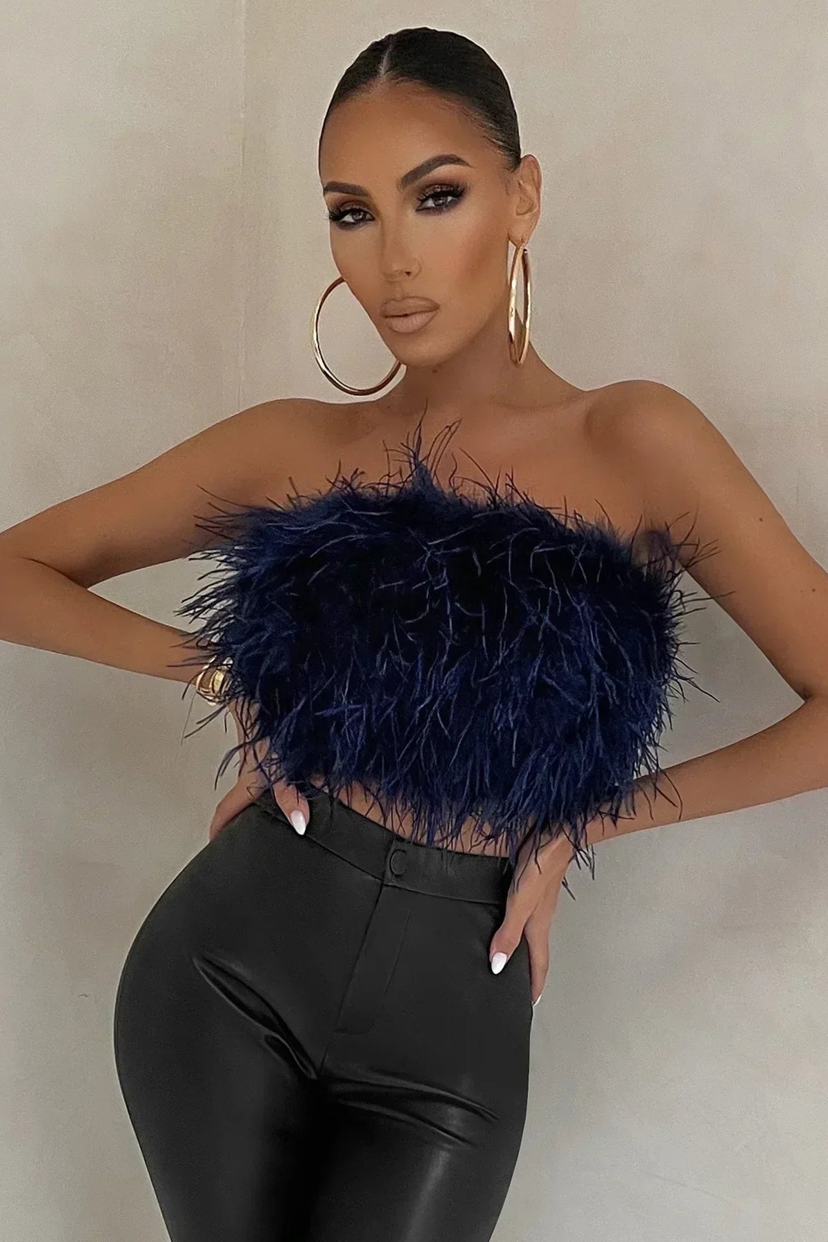 Women’s Strapless Cropped Top – Feather Texture – Fitted Silhouette – Party Wear