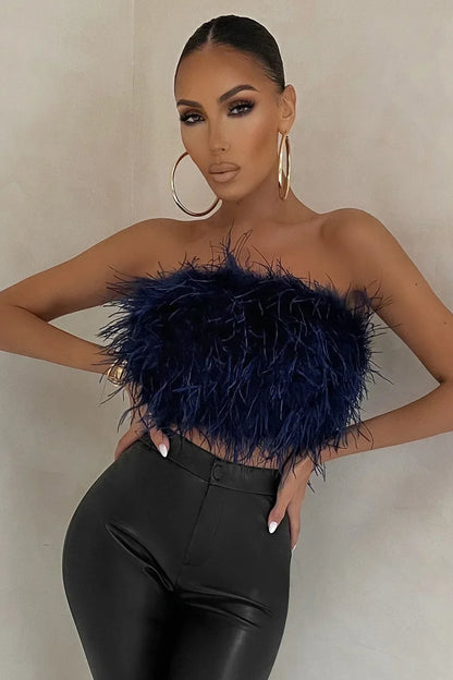 Women’s Strapless Cropped Top – Feather Texture – Fitted Silhouette – Party Wear
