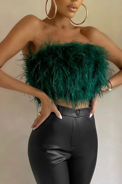 Women’s Strapless Cropped Top – Feather Texture – Fitted Silhouette – Party Wear