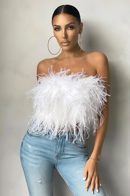 Women’s Strapless Cropped Top – Feather Texture – Fitted Silhouette – Party Wear