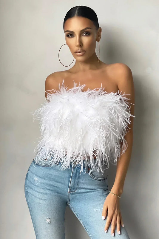 Women’s Strapless Cropped Top – Feather Texture – Fitted Silhouette – Party Wear