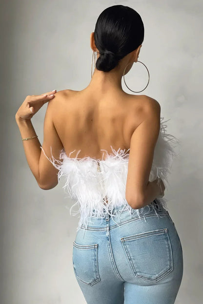 Women’s Strapless Cropped Top – Feather Texture – Fitted Silhouette – Party Wear
