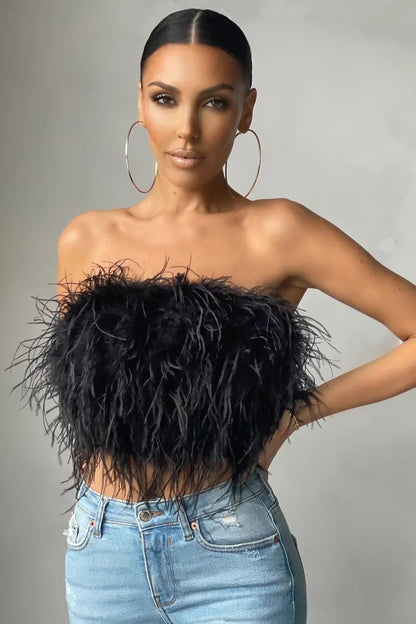 Women’s Strapless Cropped Top – Feather Texture – Fitted Silhouette – Party Wear