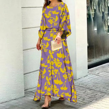 Women’s Maxi Dress – Flowing Fit – Rounded Neck – Wide Sleeves – Breathable Blend
