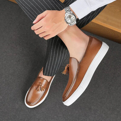 Men’s Slip-On Loafers - Leather Upper - Tassel Detail - Comfortable Rubber Sole