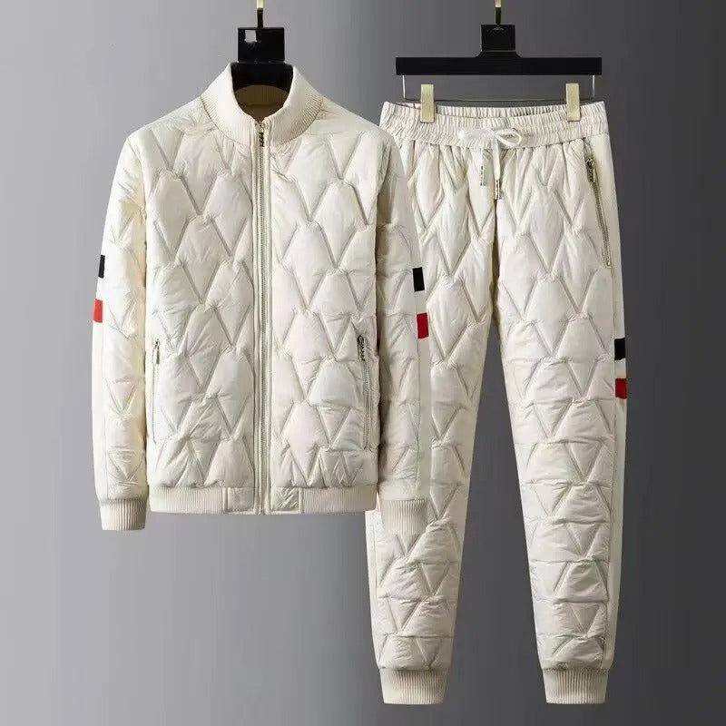 Men's Quilted Tracksuit - Zip-Up Bomber Jacket & Tapered Trousers - Ribbed Cuffs & Zipped Pockets