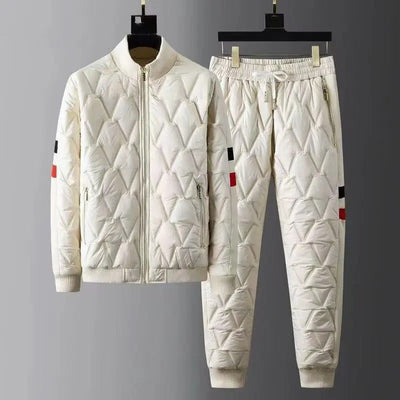 Men's Quilted Tracksuit - Zip-Up Bomber Jacket & Tapered Trousers - Ribbed Cuffs & Zipped Pockets