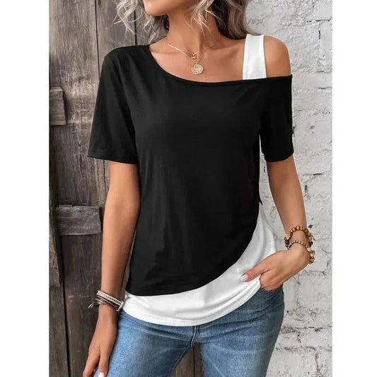 Women's Layered Top - Asymmetrical Off-Shoulder - Relaxed Fit - Lightweight Casual Wear