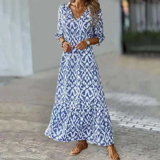 Women’s Maxi Dress – Relaxed Fit – V-Neck – Ikat Print – 3/4 Sleeve – Breathable Blend