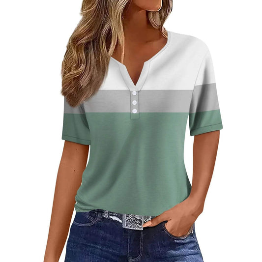 Women's T-Shirt - Soft Fabric - V-Neck Button Detail - Striped Color Block - Short Sleeve