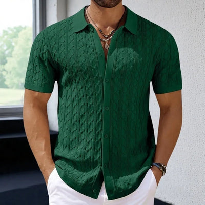 Men’s Polo Shirt – Slim Fit – Soft Knit Jacquard – Short Sleeve – Button Front