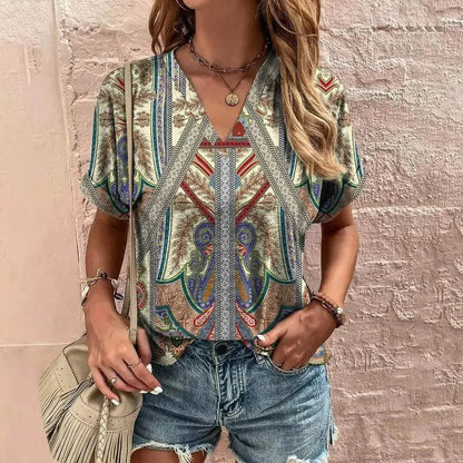 Women's Blouse - V-Neck Paisley Pattern - Loose Fit - Short Sleeve Boho Style