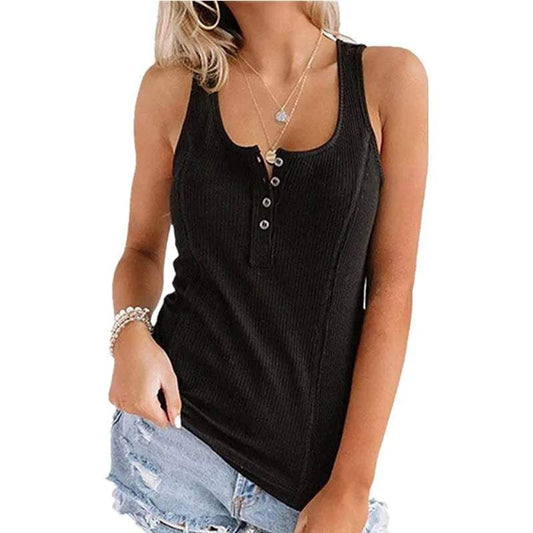 Women's Ribbed Knit Tank Top - Sleeveless - Scoop Neck - Button-Up Fitted Design