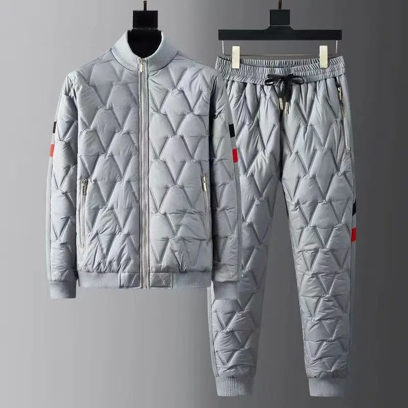 Men's Quilted Tracksuit - Zip-Up Bomber Jacket & Tapered Trousers - Ribbed Cuffs & Zipped Pockets