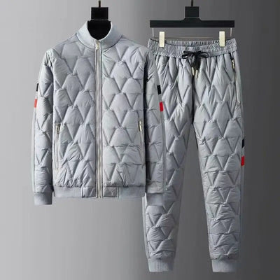 Men's Quilted Tracksuit - Zip-Up Bomber Jacket & Tapered Trousers - Ribbed Cuffs & Zipped Pockets