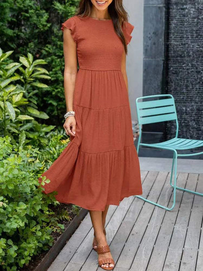 Women's Midi Dress - A-Line Silhouette - Smocked Bodice - Flutter Sleeves - Tiered Skirt