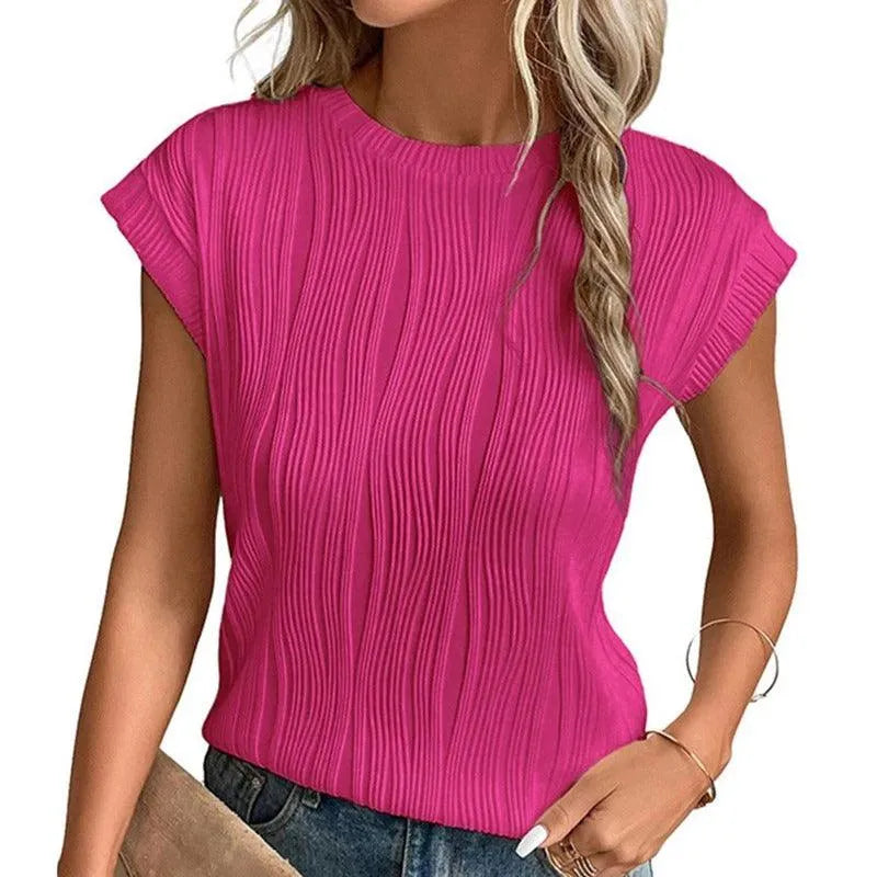 Women's Short-Sleeve Top - Relaxed Fit - Pleated Texture - Crewneck Casual Wear