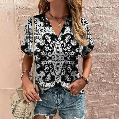 Women's Blouse - V-Neck Paisley Pattern - Loose Fit - Short Sleeve Boho Style