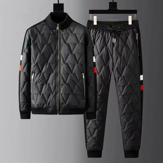 Men's Quilted Tracksuit - Zip-Up Bomber Jacket & Tapered Trousers - Ribbed Cuffs & Zipped Pockets