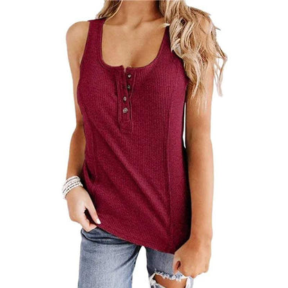 Women's Ribbed Knit Tank Top - Sleeveless - Scoop Neck - Button-Up Fitted Design