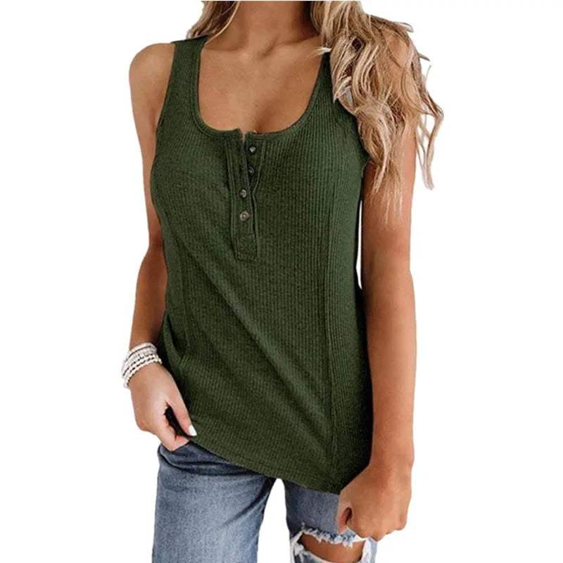 Women's Ribbed Knit Tank Top - Sleeveless - Scoop Neck - Button-Up Fitted Design