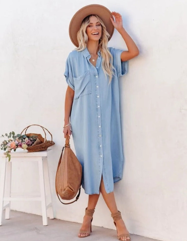 Women's Short-Sleeve Denim Shirt Dress