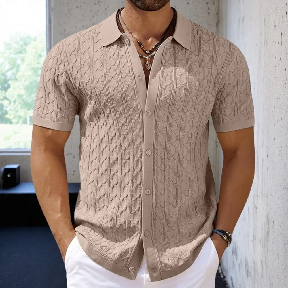 Men’s Polo Shirt – Slim Fit – Soft Knit Jacquard – Short Sleeve – Button Front
