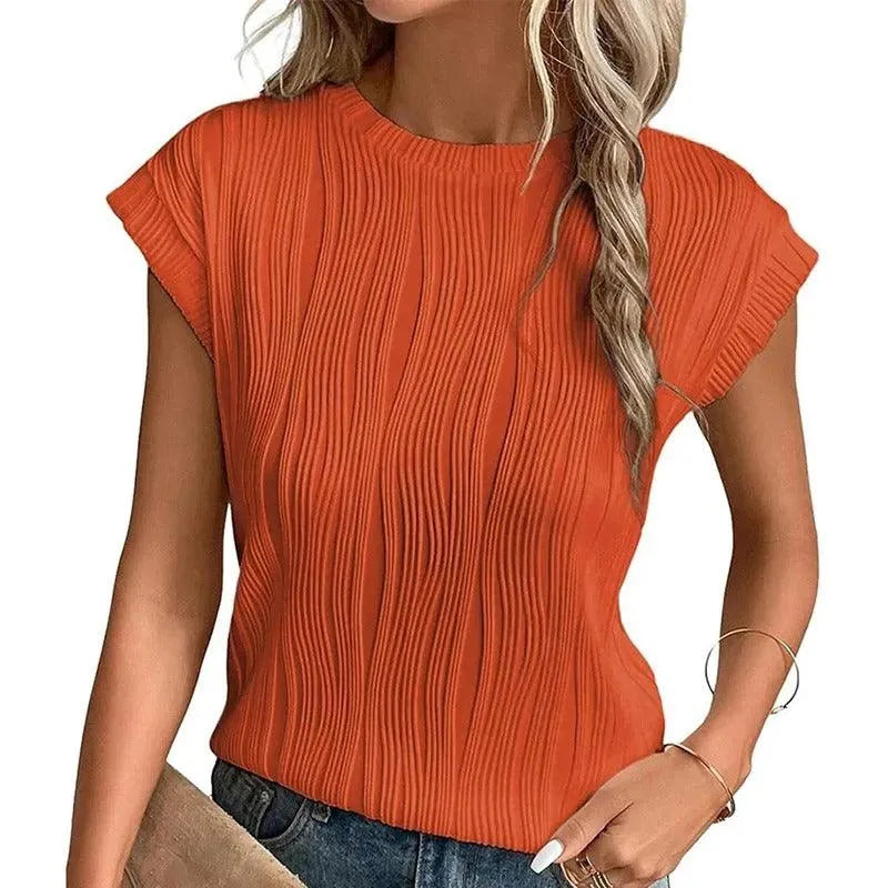 Women's Short-Sleeve Top - Relaxed Fit - Pleated Texture - Crewneck Casual Wear