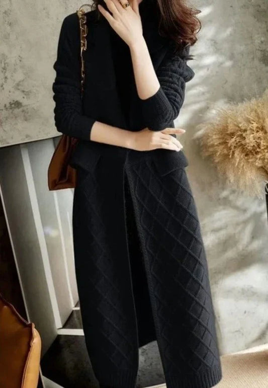 Women’s Long Cardigan – Wool Knit – Relaxed Fit – Open Front – Diamond Pattern