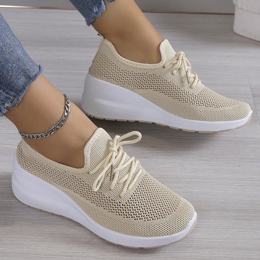 Women's Sneakers - Breathable Knitted Upper - Cushioned Sole - Lace-Up Casual Wear