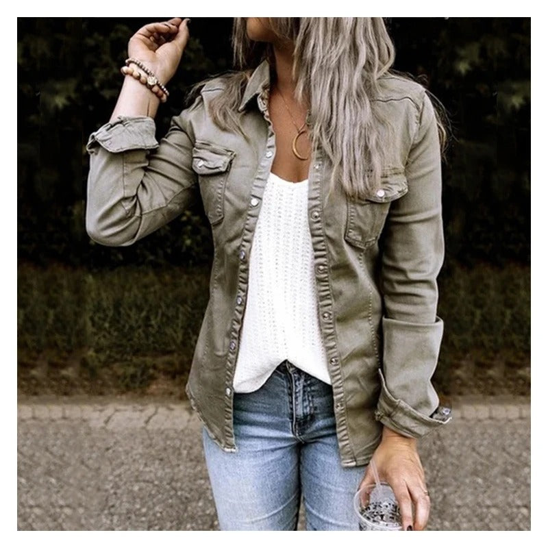 Women’s Denim Jacket – Tailored Fit – Button Front – Chest Pockets – Breathable Layer