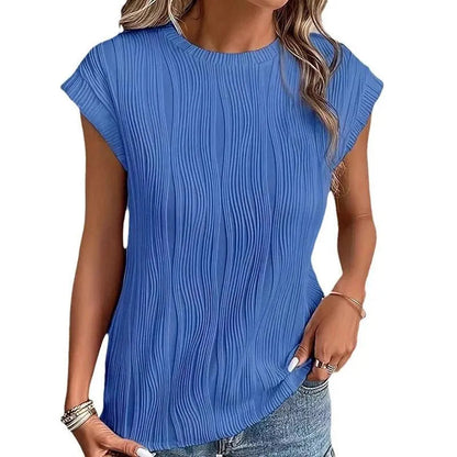 Women's Short-Sleeve Top - Relaxed Fit - Pleated Texture - Crewneck Casual Wear