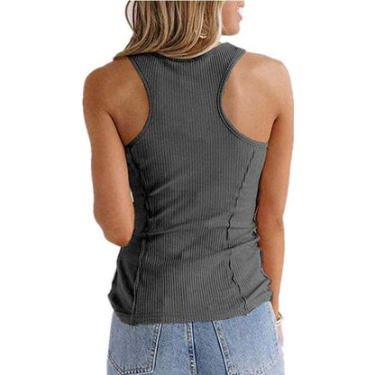 Women's Ribbed Knit Tank Top - Sleeveless - Scoop Neck - Button-Up Fitted Design