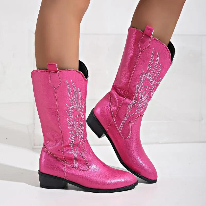 Women's PU Leather Cowboy Boots with Comfortable Lining