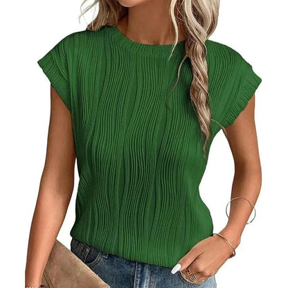 Women's Short-Sleeve Top - Relaxed Fit - Pleated Texture - Crewneck Casual Wear