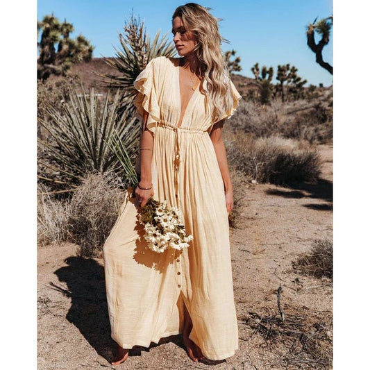 Cream Boho Maxi Dress with Ruffle Details