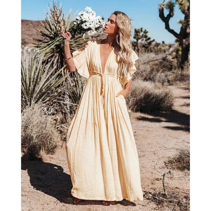 Cream Boho Maxi Dress with Ruffle Details