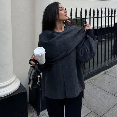 Women’s Scarf Cardigan – Oversized Fit – Wool Feel – Draped Collar – Bell Sleeve