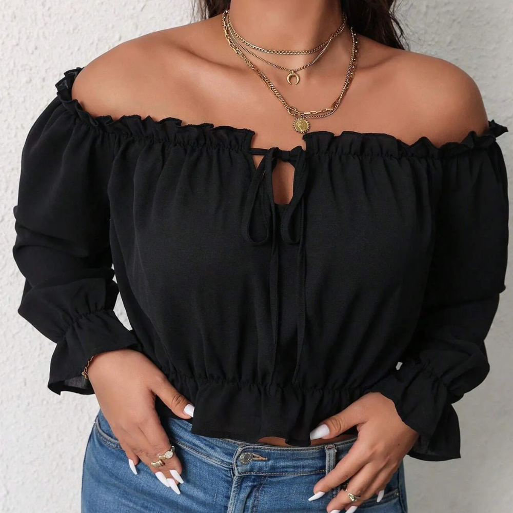 Women's Off-Shoulder Blouse - Ruffled Neckline - Long Puff Sleeves - Lightweight Fit