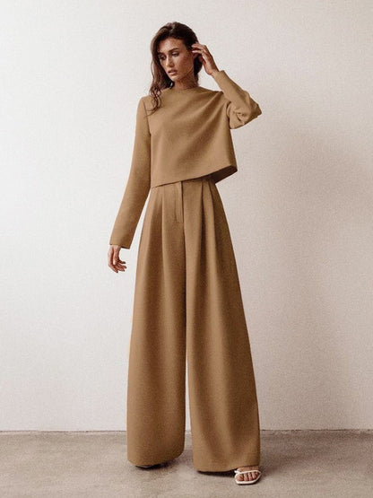 Women’s Palazzo Set – Wide-Leg Pleated Trousers – Cropped Long Sleeve Top – Tailored Fit